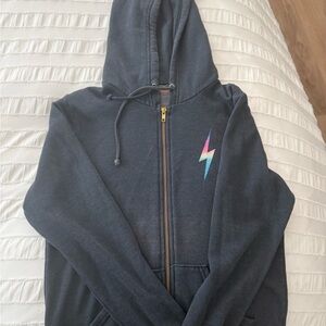 Aviator Nation Black Zip Hoodie with Rainbow Lightning Bolt